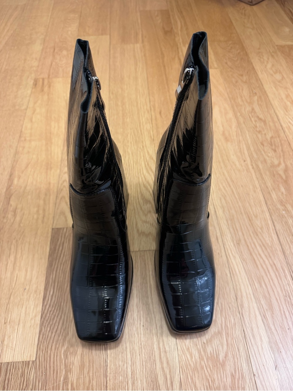 Princess Polly Black Patent Croc Square-Toe Women’s Booties Chunky Heel